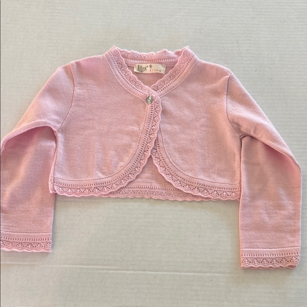 Girls Pink Knit Lace Detailed Buttoned Bolero Cardigan, Size 5